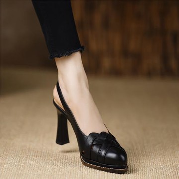 熊大叔手工女鞋~8.8cm新款防水臺羊皮真皮涼鞋粗跟舒適時尚黑色女