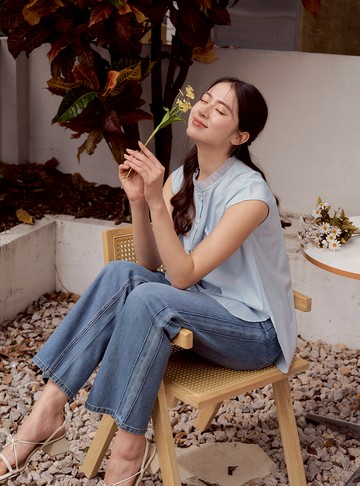 晨曦微藍包袖中長版襯衫