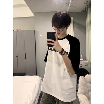 美式小領口短袖男夏季潮牌黑白拼接青少年衣服高級感痞帥男生t恤