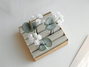 尤加利滿天星珍珠髮夾綠葉髮飾結婚髮夾