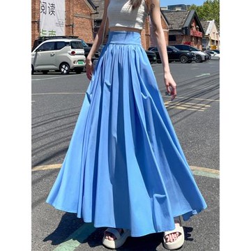 藍色冰絲百褶半身裙女夏季小個子高腰顯瘦垂感a字傘裙長款大擺裙