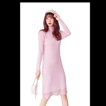 加絨加厚毛衣裙女中長款秋冬2019新款韓版蕾絲拼接打底針織連衣裙