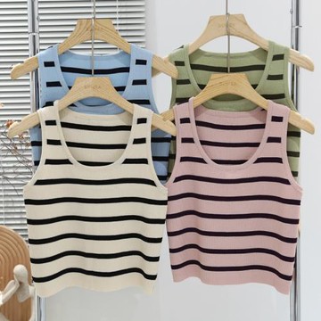 韓系撞色條紋針織無袖背心女春秋夏季甜辣打底衫冰絲吊帶外穿上衣