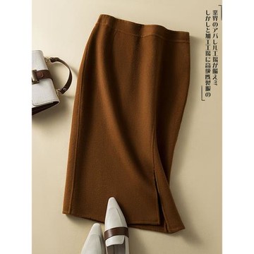 純羊毛雙面呢半身裙女秋冬新款高腰A字裙中長款開叉半裙過膝包臀