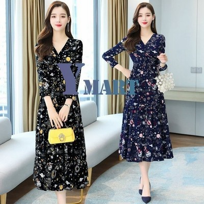 ワンピース レディース きれいめ マキシワンピース 秋冬 長袖ワンピース 花柄 Vネック Aラインスカート オシャレ大人 着痩せ 結婚式ドレス 通販 Lineポイント最大get Lineショッピング