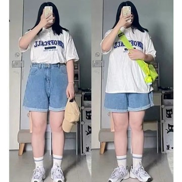 XL-6XL 大尺碼短褲 牛仔短褲 300斤胖mm大碼鬆緊腰闊腿直筒牛仔短褲女夏季顯瘦百搭五分熱褲子