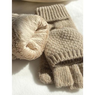 冬季純羊毛加厚加絨保暖翻蓋半指手套男女情侶露指玩手機學生上網