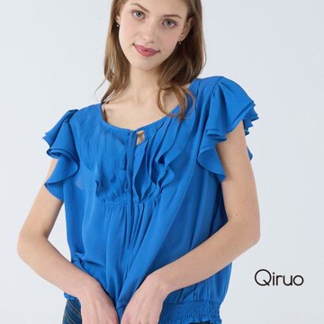 【Qiruo 奇若】春夏專櫃寶藍色短袖上衣7006A 時尚雪紡紗