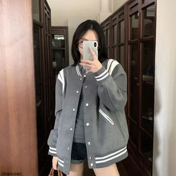 美式寬鬆灰色棒球服女秋冬季設計感復古學院風毛呢短外套
