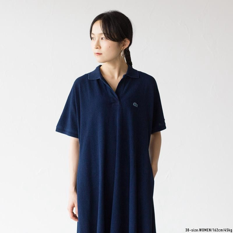 【美品】ラコステ　Aライン ポロワンピース　鹿子　リボンベルト　インディゴ 美品】ラコステ Aライン ポロワンピース 鹿子 リボンベルト