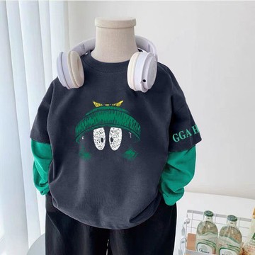 秋季新款【臺灣出貨】男童長袖 中大童長袖打底拼接假兩件上衣男童棉質圓領上衣 兒童長袖 兒童衣服 寶寶長袖 兒童長袖上衣