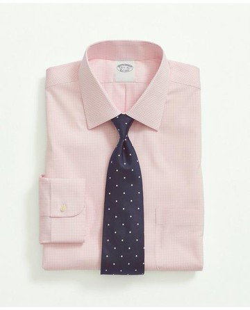 Brooks Brothers Men's Stretch Supima Cotton Non-Iron Pinpoint Oxford Ainsley Collar, Gingham Dress Shirt | Pink | Size 16½ 33