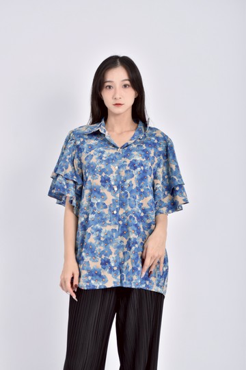 (XL) mengzhouyi滿版印花短袖排扣藍色襯衫上衣