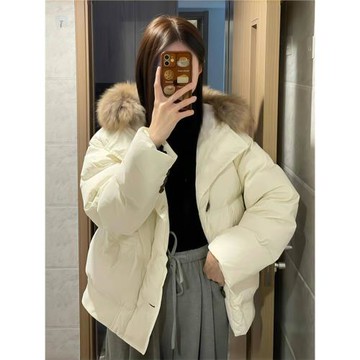 百元女士90白鴨羽絨服冬季2024新款冬季短款面包服連帽大毛領外套