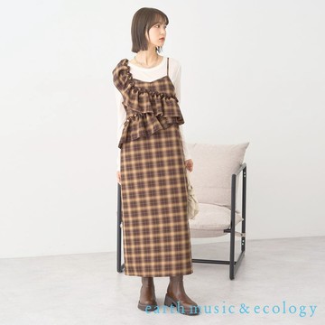 earth music&ecology 2WAY荷葉摺邊格紋吊帶連身洋裝(01001191900)