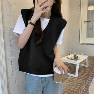 日系復古慵懶風毛衣馬甲女春秋V領疊穿針織衫小背心坎肩外搭馬夾