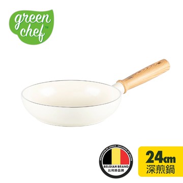 GreenChef 鑽石陶瓷塗層不沾深煎鍋 東京木紋 24cm 奶油白 不含蓋 不挑爐具/IH爐適用/天然無毒