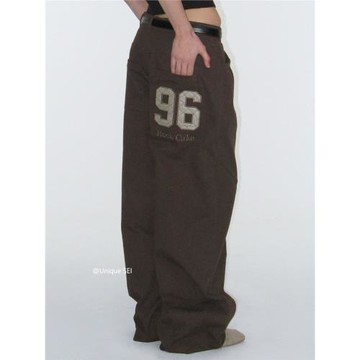 Unique SEI 街頭個性帥氣數字刺繡百搭顯瘦寬松直筒休閑牛仔褲女