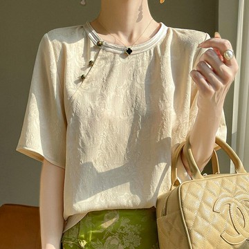 【巴黎精品】緞面T恤五分袖上衣-緞面提花圓領輕薄女裝2色a1iz90