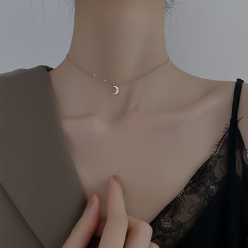 925純銀小月亮項鏈女2022鎖骨鏈夏季黑色月牙吊墜頸鏈2021新款潮