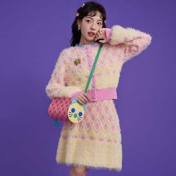 菱形格紋毛絨開衫少女減齡毛衣針織半裙