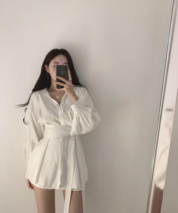 中長款束腰襯衫白色燈籠袖襯衣短褲兩件套女女設計感小眾新款