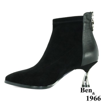 Ben&1966高級頭層羊皮流行細跟彈性短靴-黑(207241)