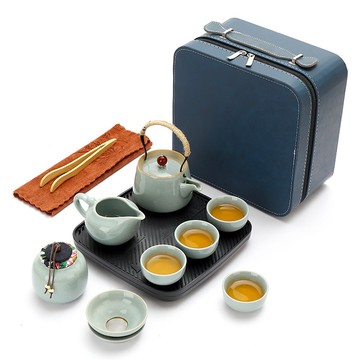 茶具組 【匠心】哥窯旅行茶具 小套裝 壹壺四杯 便攜式包 戶外家用露營日式功夫泡茶壺 四方藍皮包