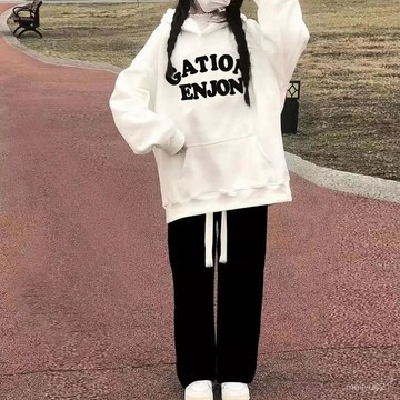 秋冬季新款女學生鹽係套裝小衆百搭長袖連帽衛衣+綁帶褲子單/套裝