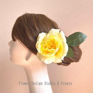 黃玫瑰與葉片髮飾 花徑 12cm 佛朗明哥 Flores 舞蹈 花 舞蹈 花 Rose 黃色 薔薇 髮飾
