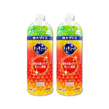 (2瓶超值組)日本KAO花王-珂珂透CUCUTE去重油汙除漬濃縮洗碗精補充瓶700ml/瓶-柑橘香橘(廚房餐具砧板海綿洗碗凝露,碗盤亮白消臭洗潔精)