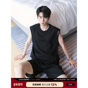 CHICERRO西西里男裝坎肩t恤男士夏季新款黑色無袖背心套頭上衣潮