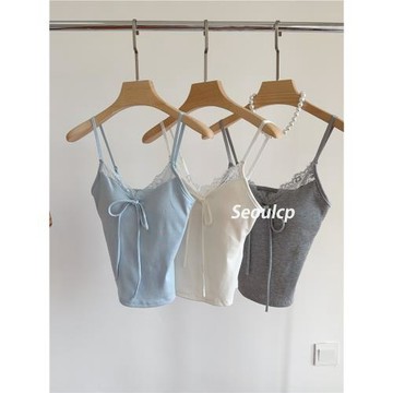 Seoulcp 韓版蕾絲系帶美背吊帶背心女帶胸墊修身內搭外穿夏季上衣