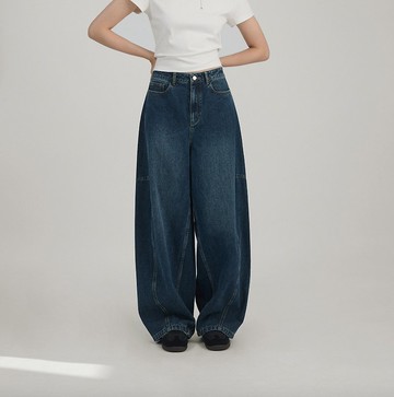 日系復古 輕結構弧形牛仔褲