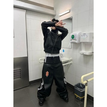 【SEMPLICITA】 美式復古 雙腰頭 假兩件拼接皮褲 質感 皮革長褲 落地褲 寬褲 嘻哈 男女款 設計感 休閒長褲