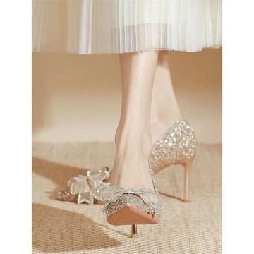 香檳色水晶鞋高跟鞋女新款成年禮法式小眾高級感主婚紗婚鞋新娘鞋