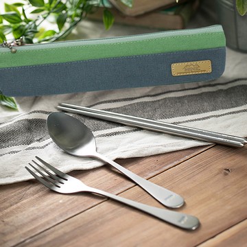 唐榮抗菌 - 抗菌不銹鋼餐具組-含帆布筷袋-灰綠-含湯匙/叉子/筷子各*1