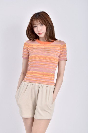 (L) 修身短版格紋橘色短袖上衣