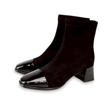 NG鞋特賣★Sabon異材拼接粗跟短筒彈力襪靴 黑色 (10311591)