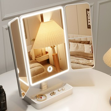 化妝鏡帶燈臺式led發光桌面補光折疊梳妝臺貝殼智能雙開美妝鏡子