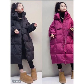 女童長款寬松2026新款羽絨服時尚飄帶連帽韓版白鴨絨外套中大童潮