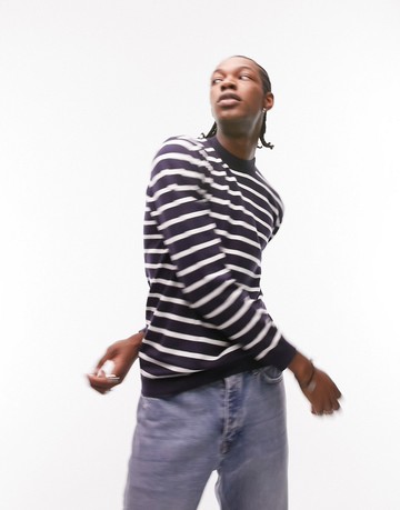 Topman knitted crew neck jumper with stripe in navy