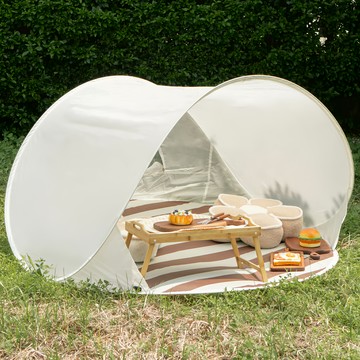 沐慕家居 快拋摺疊條紋小帳篷 帆布材質 尺寸150*150*110cm  米色  4人