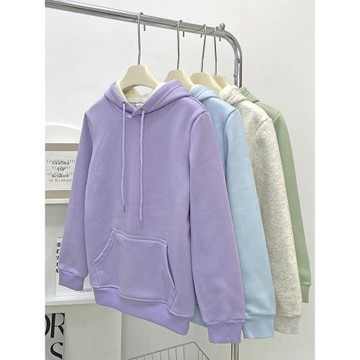 加絨加厚連帽衛衣女秋冬新款韓版學生寬松純色套頭帶帽長袖外套潮