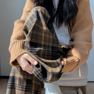 佰分佰/150kg內可穿/大尺碼女裝/秋冬穿搭/慵懶風/加絨加厚/格子褲子/遮肉顯瘦/直筒褲/學生穿搭/休閒褲/女生長褲