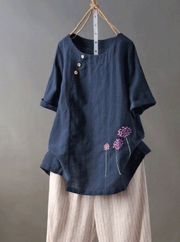 實拍夏季速賣通wish爆款復古棉麻刺繡休閑襯衣女