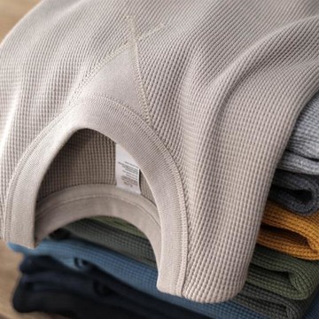 阿美咔嘰華夫格打底衫重磅純棉美式復古純色修身圓領長袖T恤男士