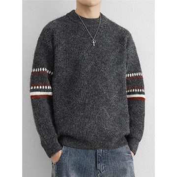 復古提花圓領毛衣男士2025秋冬季新款寬松保暖針織衫潮流打底線衣