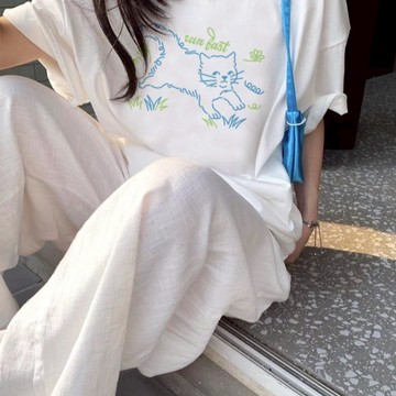 可愛風減齡寬鬆純棉白色短袖女寬鬆通勤百搭休閒打底衫半袖女生上衣 印花寬鬆情侶短袖T 上衣女 美式t  韓版T 大學T