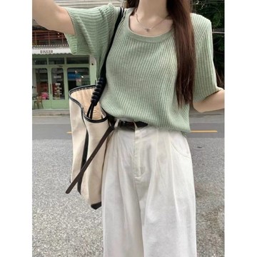 u領針織t恤女夏夏季體恤設計感小衆小個子針織衫正肩冰絲短袖上衣 短袖針織 夏天上衣 針織上衣 短袖T恤 女生T恤